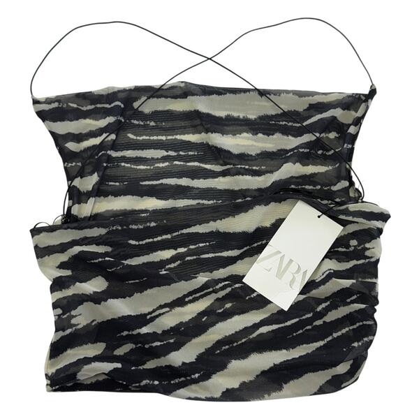 Zara Tank Top Womens Medium Black Animal Zebra Print Cross Cross Cowl Neck - Picture 2 of 8